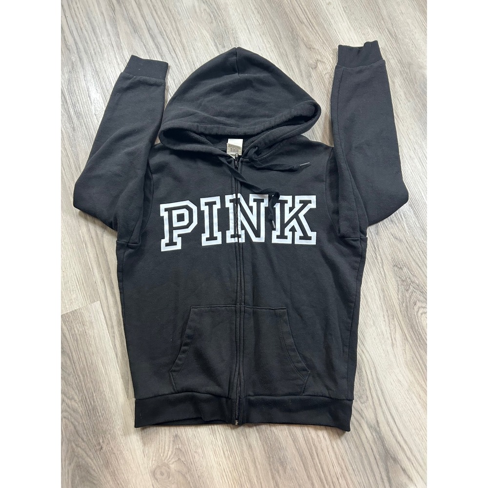 PINK Victoria's Secret Black Full Zip Logo Hoodie Sweatshirt Medium t2k lounge M - Picture 4 of 7